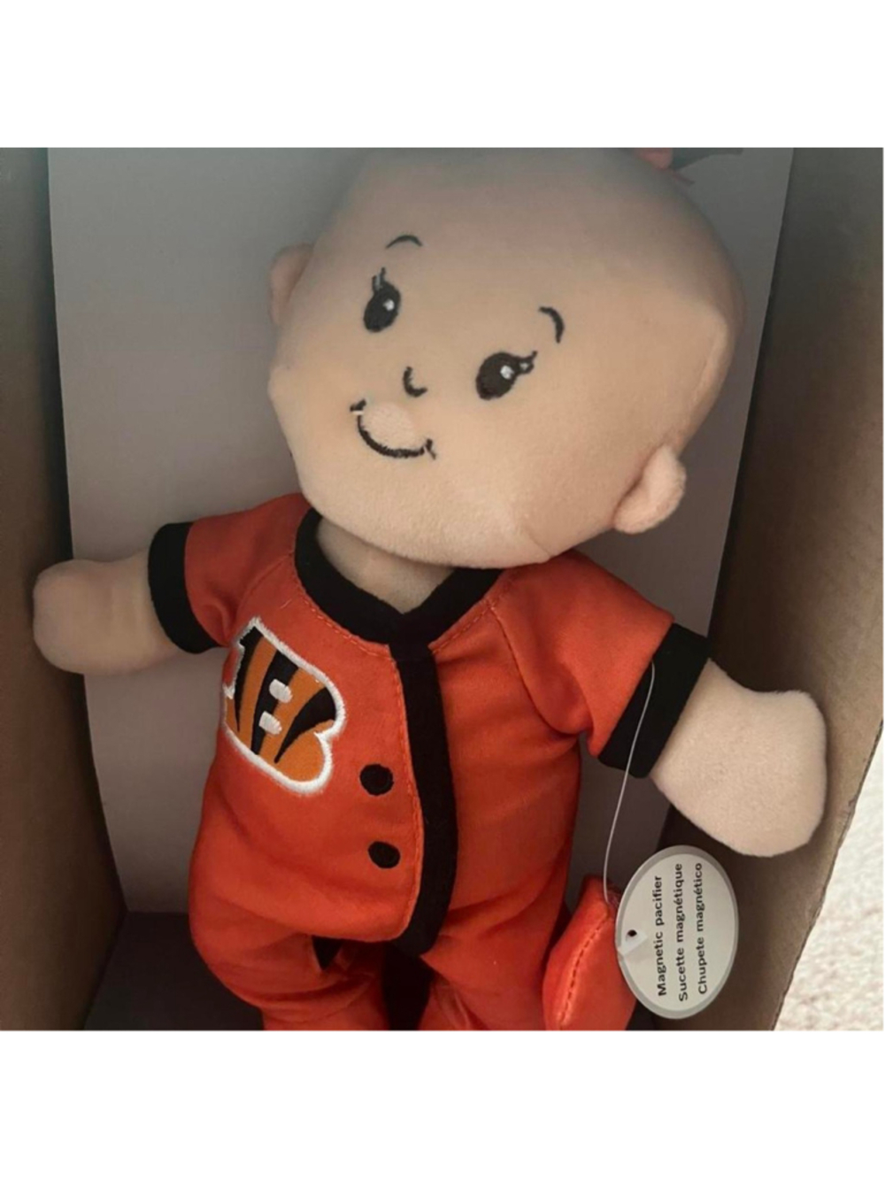 NFL Cincinnati Bengals baby doll with magnetic pacifier in orange jersey with bl - Picture 2 of 6